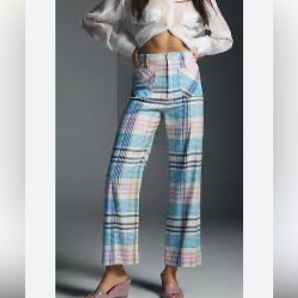 Anthropologie Pants - Anthropologie Colette Plaid Wide Leg Pants in Blue and Pink 34
